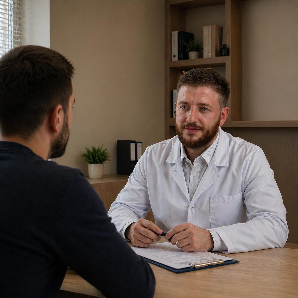 Врач-нарколог беседует с пациентом о лечении хронического алкоголизма
