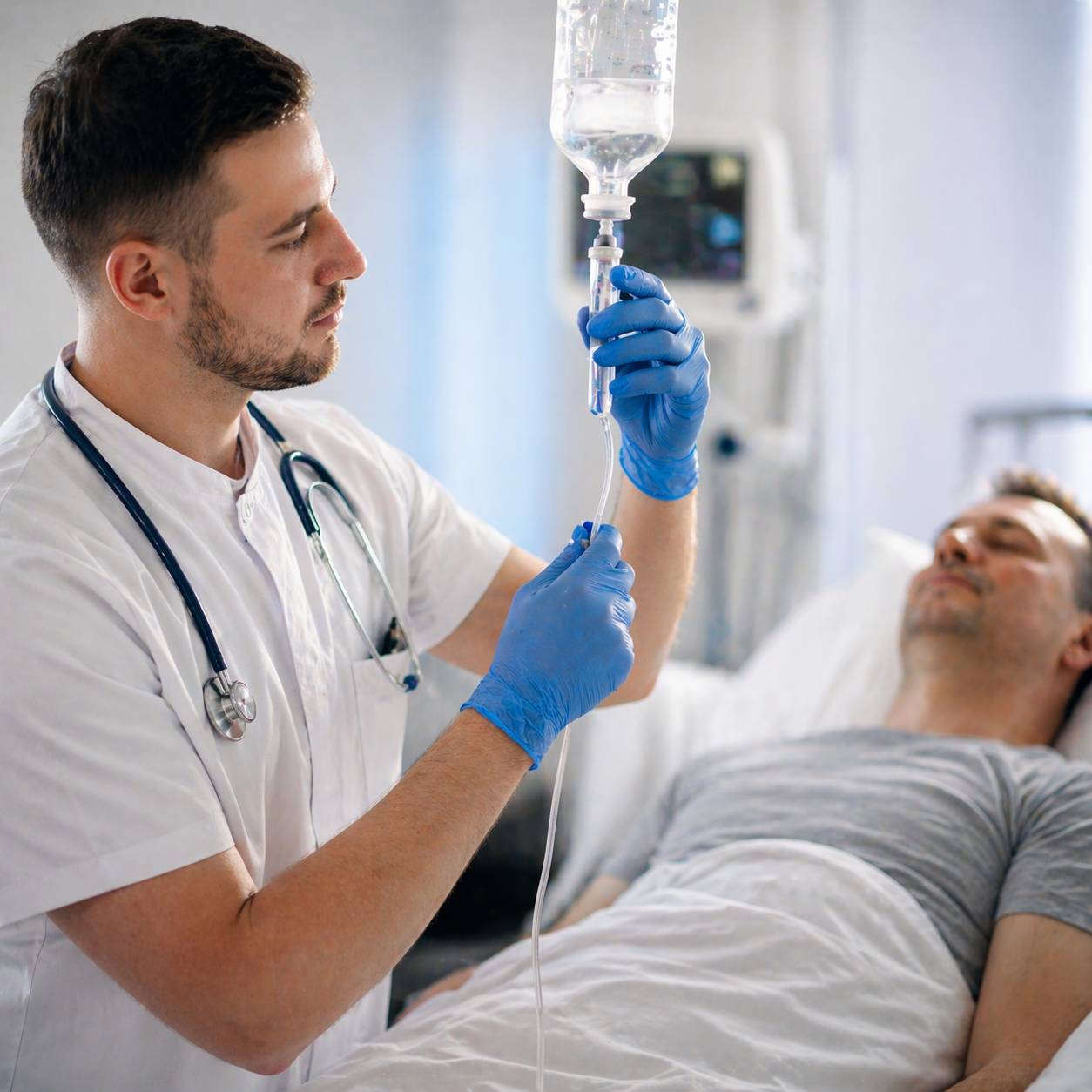 Врач ставит очищающую капельницу пациенту для снятия наркотической ломки