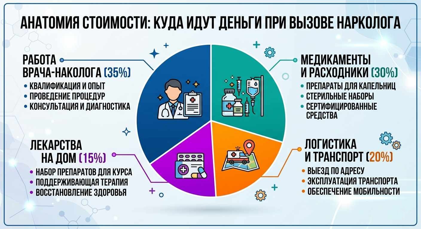 Структура стоимости вызова нарколога на дом: 35% — работа врача, 30% — медикаменты, 20% — транспорт, 15% — лекарства на дом