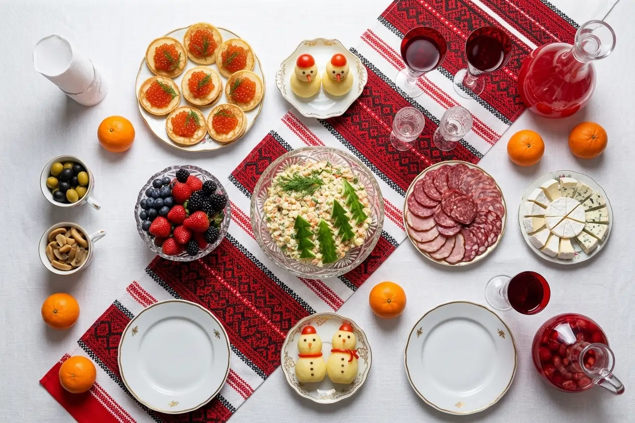 Праздничный стол с закусками, оливье, нарезкой, мандаринами и графинами с вином и наливкой