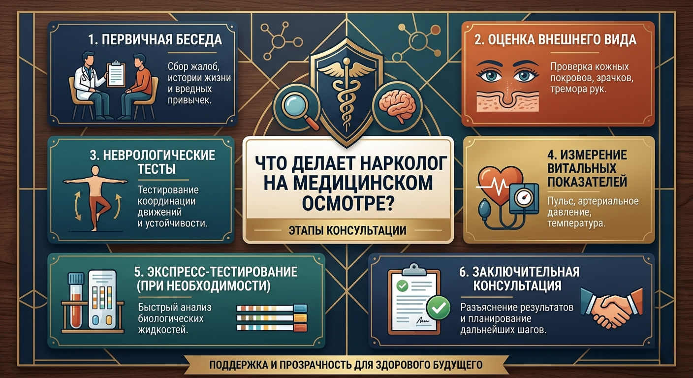 Инфографика с шестью этапами медицинского осмотра у нарколога — от первичной беседы до заключительной консультации.