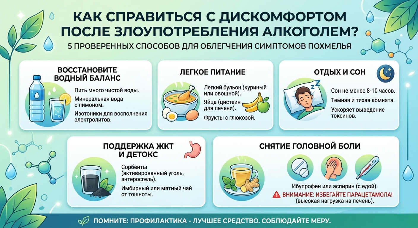 Инфографика с пятью способами справиться с дискомфортом после злоупотребления алкоголем: вода, питание, сон, детокс, обезболивание.