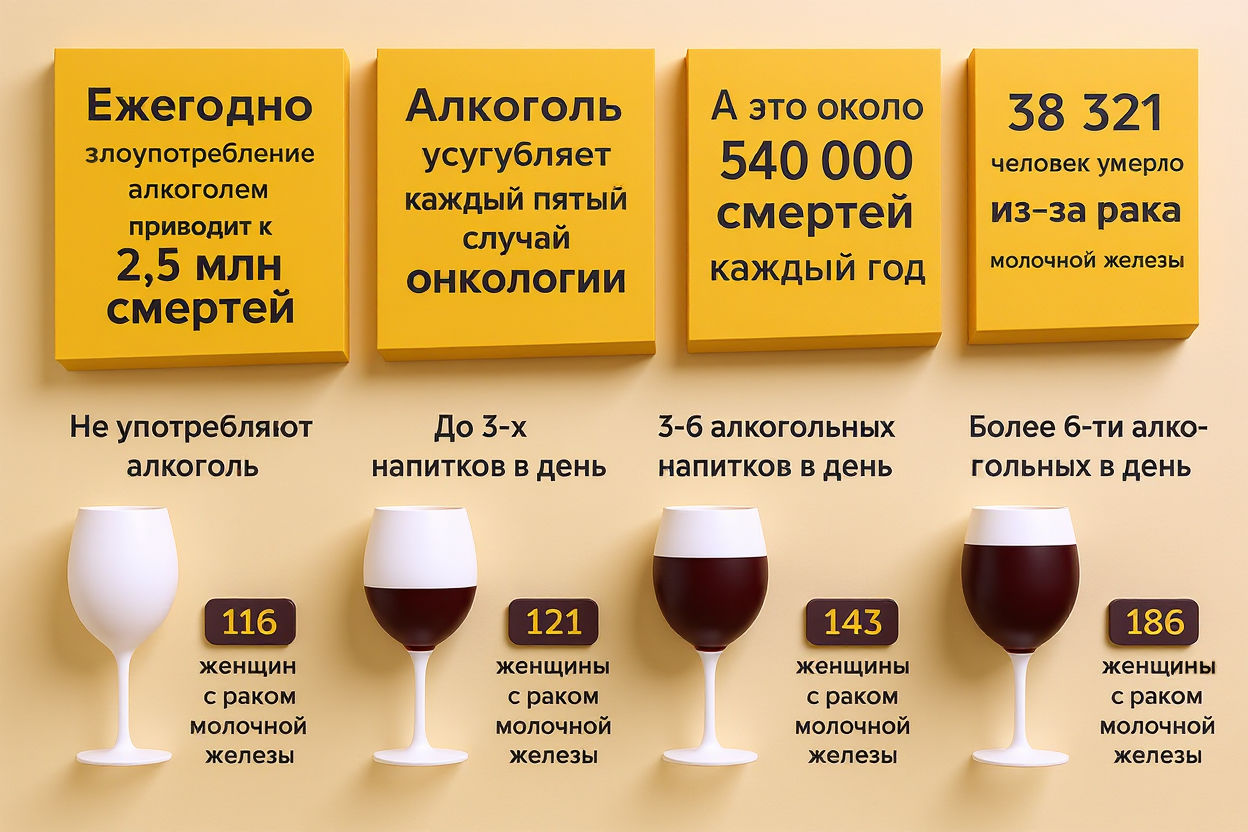 Инфографика с бокалами вина и статистикой смертей от алкоголя при онкологических заболеваниях — алкоголь при раке