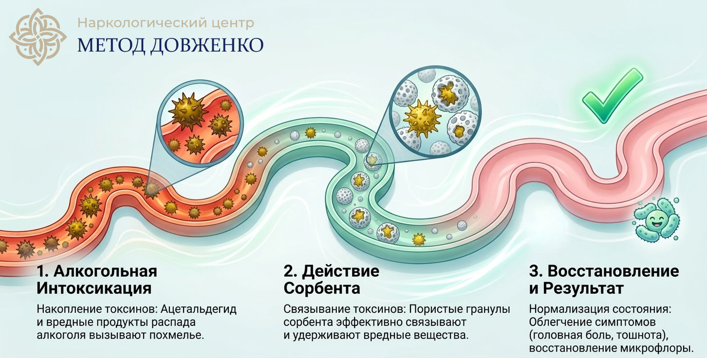 Инфографика в три этапа: интоксикация, действие сорбента и восстановление — принцип работы шипучих таблеток от похмелья.