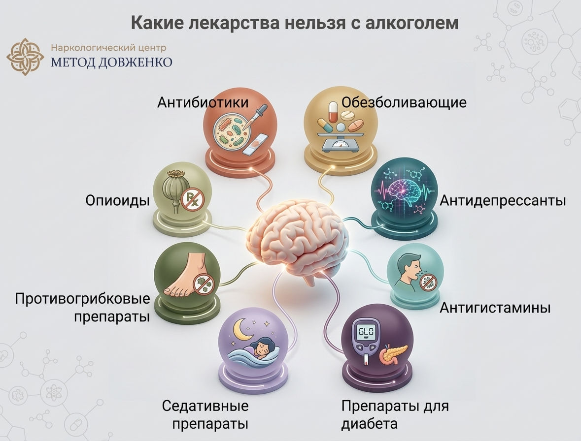Инфографика с категориями лекарств несовместимых с алкоголем: антибиотики, опиоиды, антидепрессанты, седативные препараты