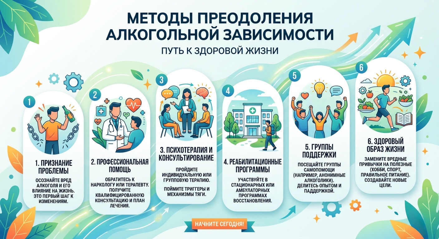 Инфографика с шестью шагами от признания проблемы до здорового образа жизни — методы преодоления алкогольной зависимости.
