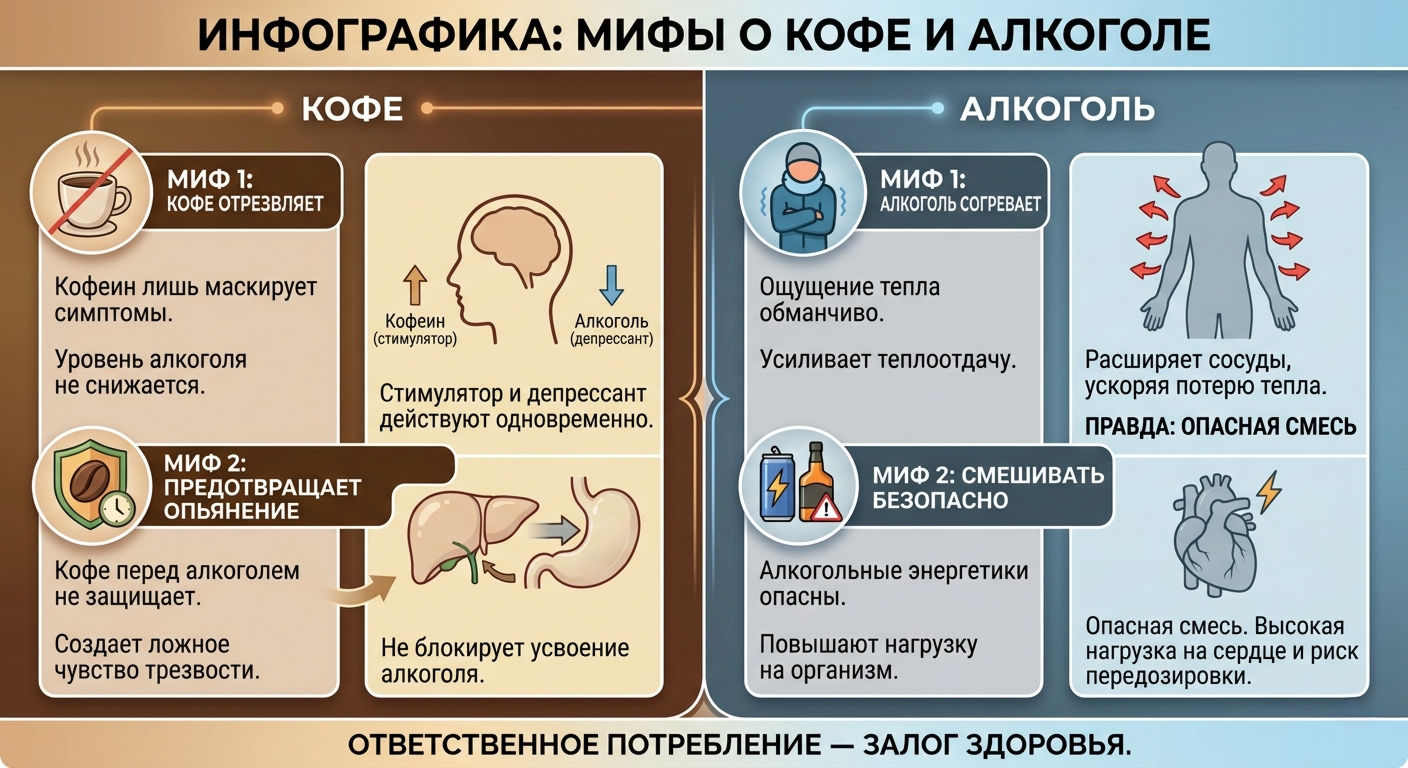 Инфографика с разбором мифов о кофе и алкоголе — влияние сочетания кофе и алкоголя на организм человека.
