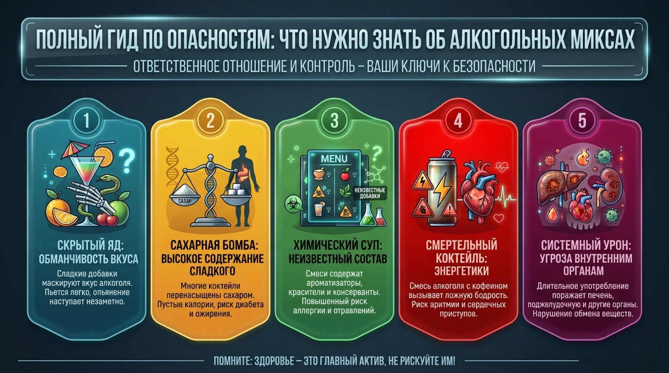 Инфографика с пятью опасностями алкогольных миксов от сахара до вреда органам — опасности алкогольных коктейлей.