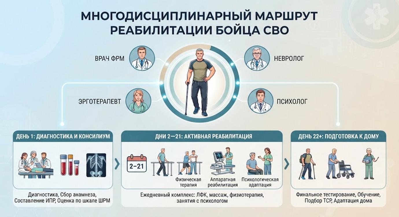 Инфографика: поэтапный план восстановления в медицинском учреждении, где проводится комплексное лечение в рамках реабилитации для участников СВО и ветеранов боевых действий
