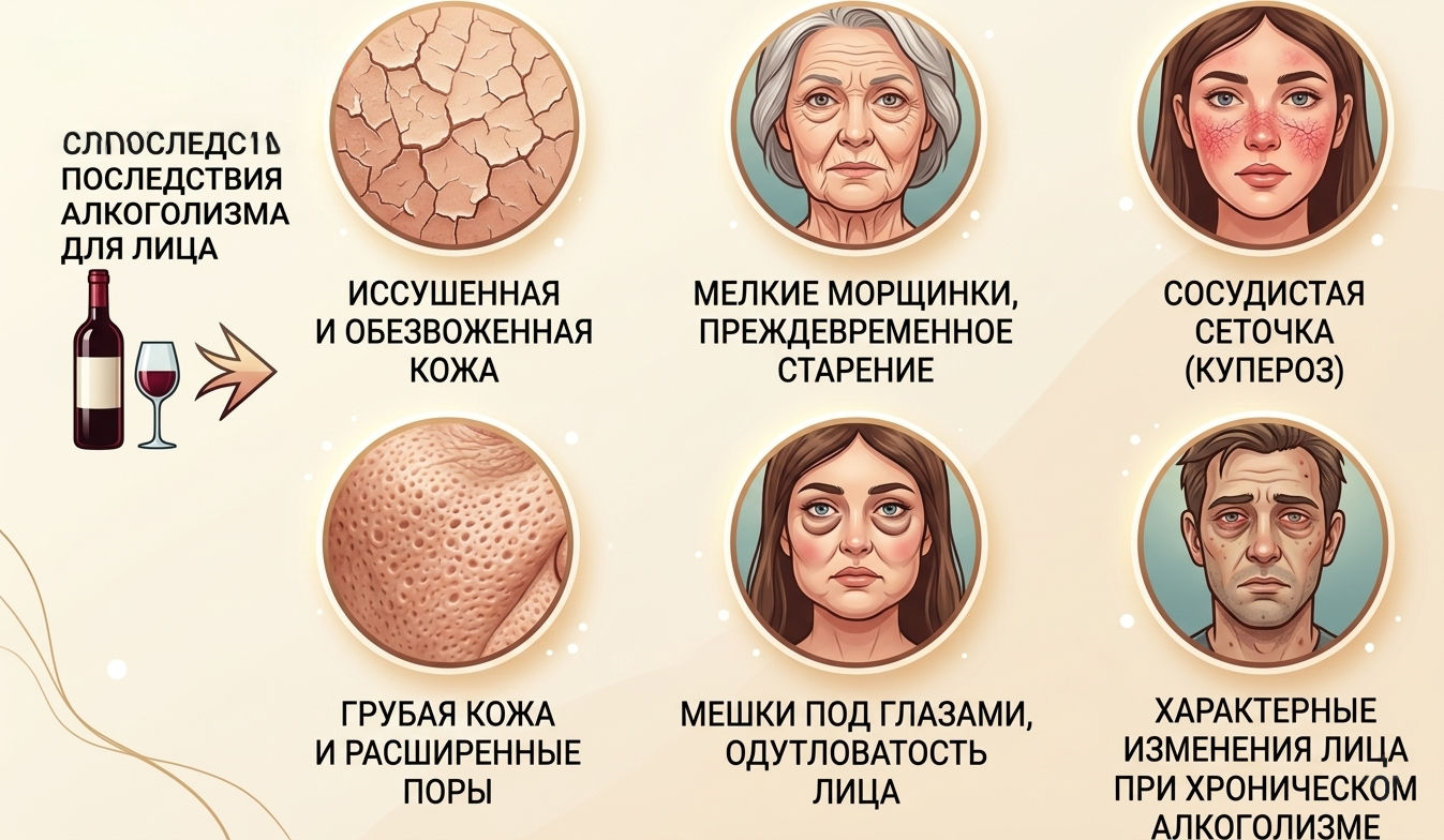 Инфографика с шестью последствиями алкоголизма для лица: купероз, морщины, отёчность — осложнения после запоя.