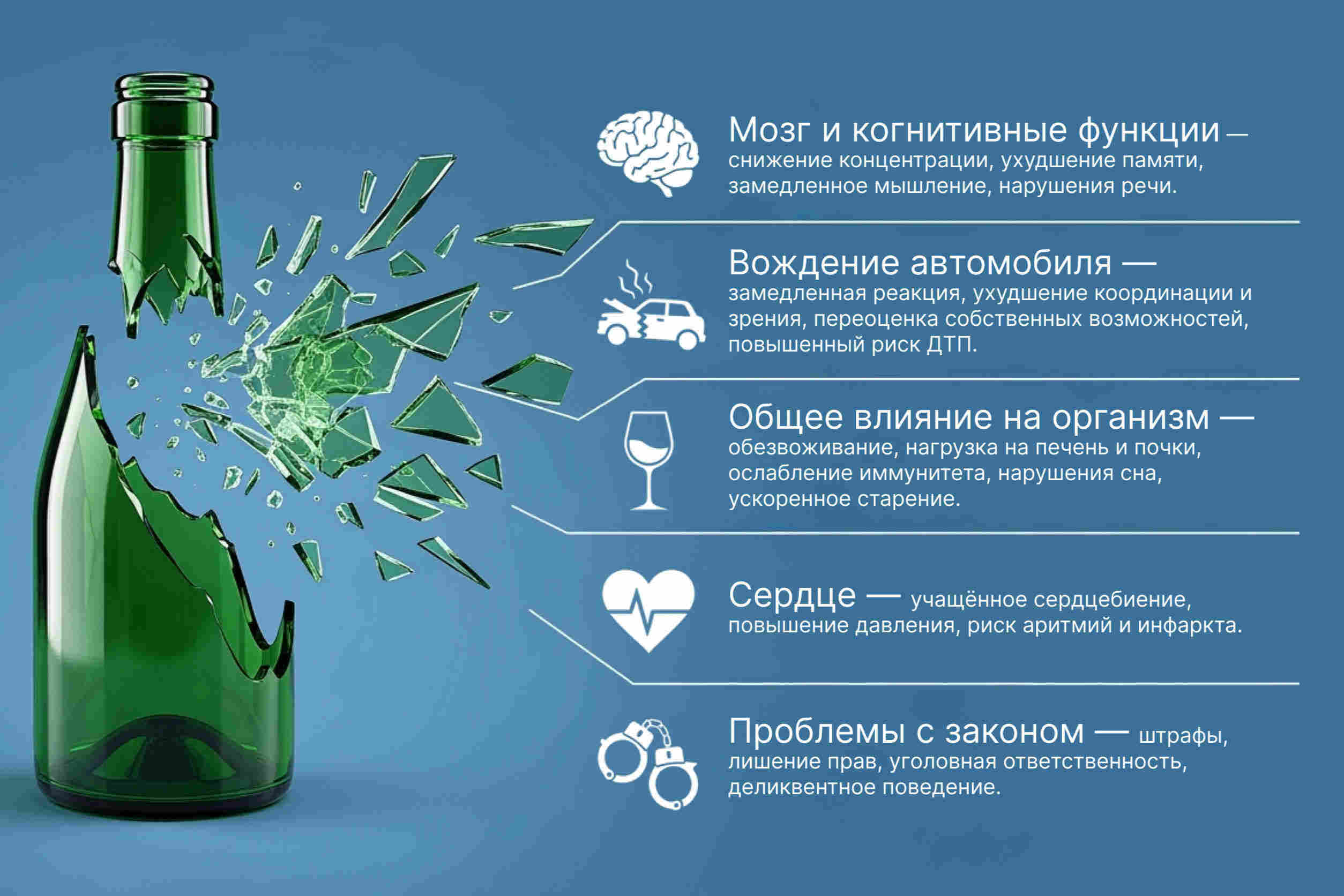 Инфографика с разбитой бутылкой и описанием влияния на мозг, сердце и органы — подробный анализ опасностей алкоголя для здоровья.