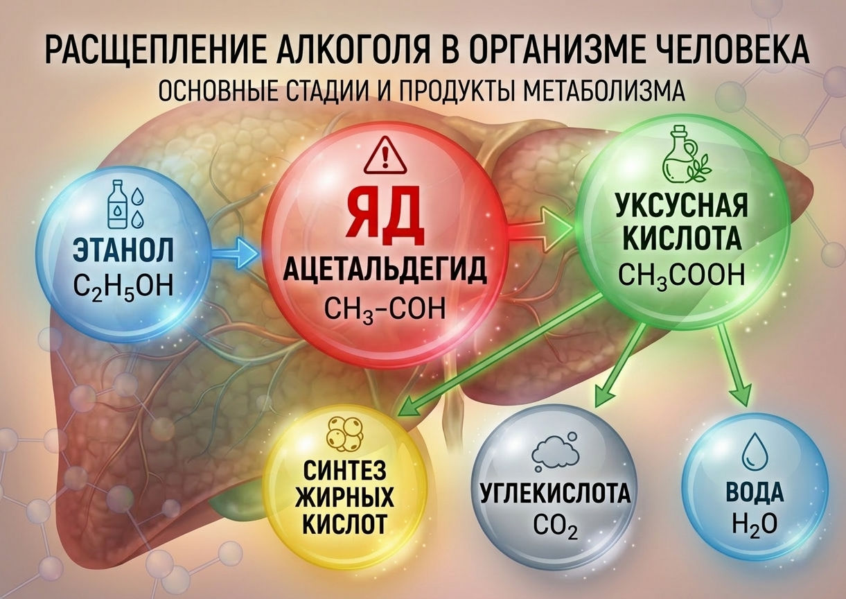Инфографика расщепления алкоголя в печени — этанол, ацетальдегид, уксусная кислота как этапы алкогольной детоксикации.