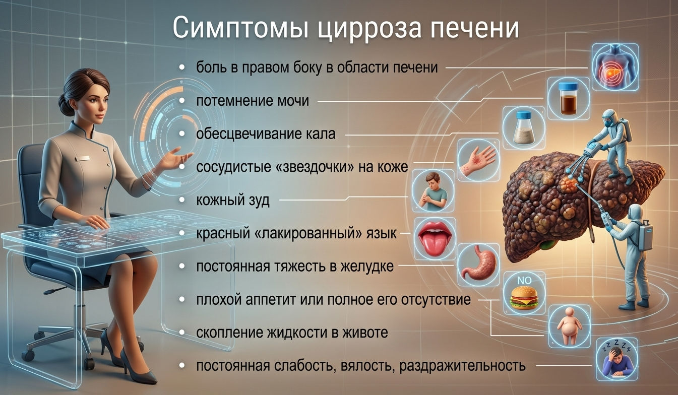 Инфографика с перечнем основных симптомов цирроза печени и иллюстрациями поражённого органа — причины и лечение.