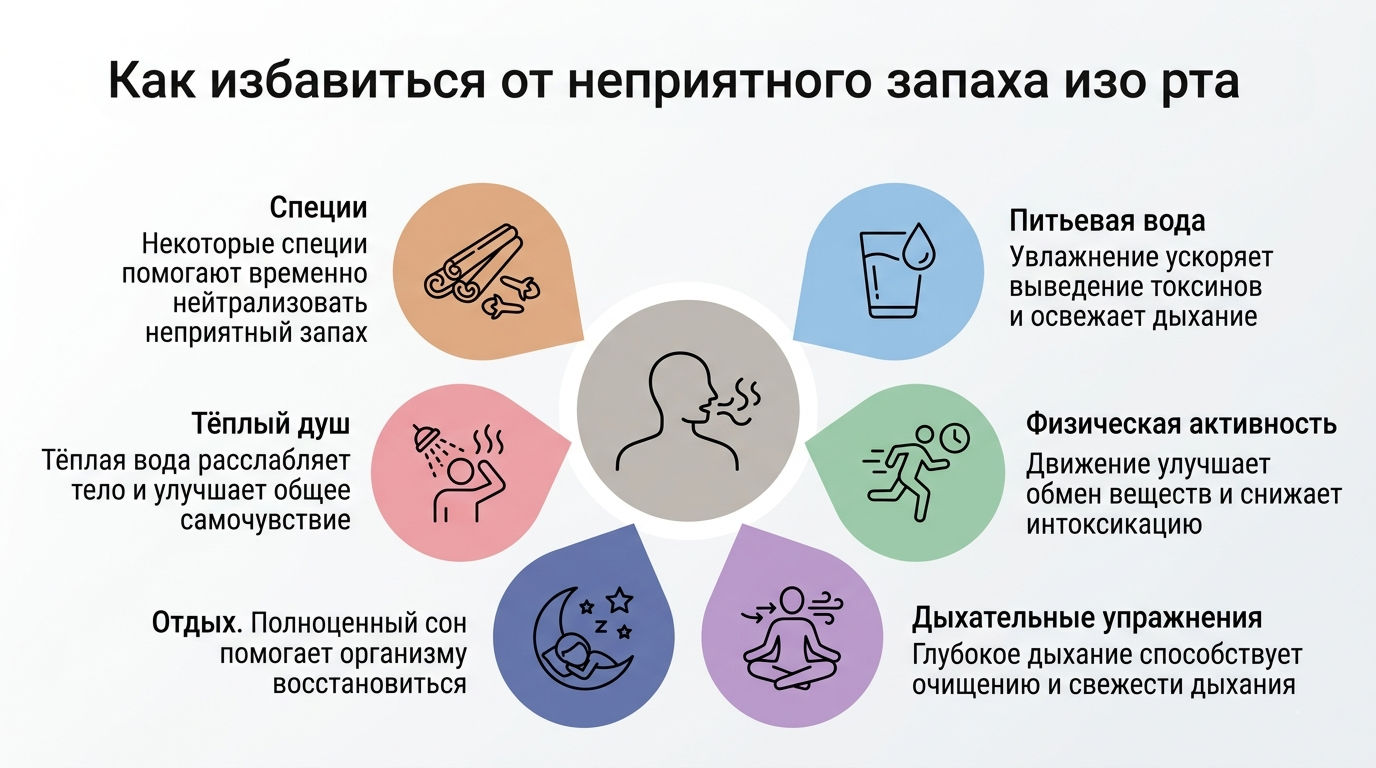 Инфографика с шестью способами борьбы с запахом — как быстро избавиться от перегара изо рта после алкоголя.