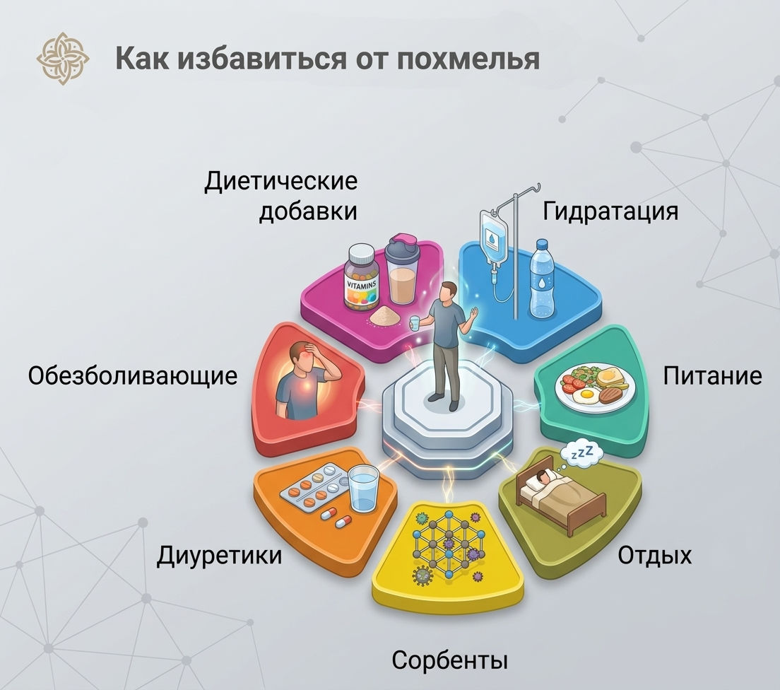 Инфографика с методами борьбы с похмельем: гидратация, питание, отдых, сорбенты, диуретики — как избежать похмелья наутро