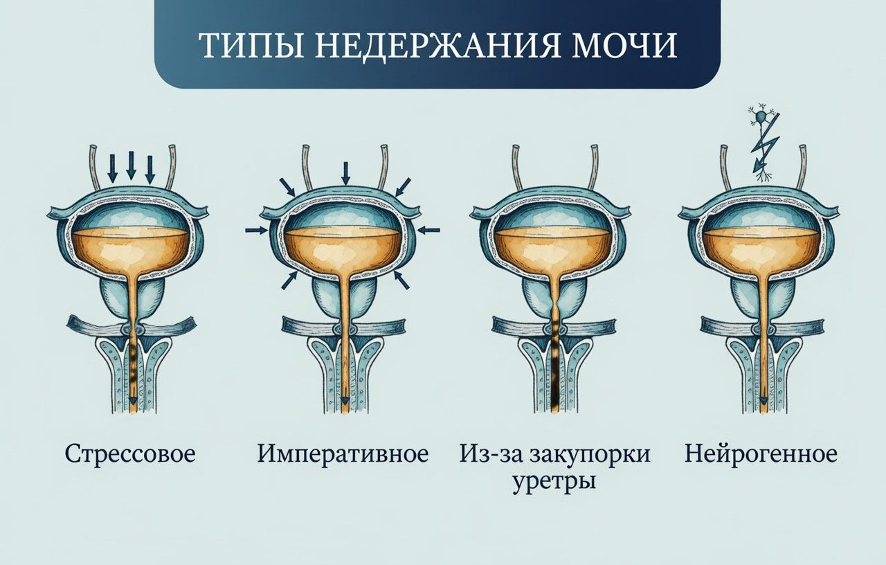 Инфографика с четырьмя типами недержания мочи — стрессовое, императивное, из-за закупорки и нейрогенное как последствие алкоголя.