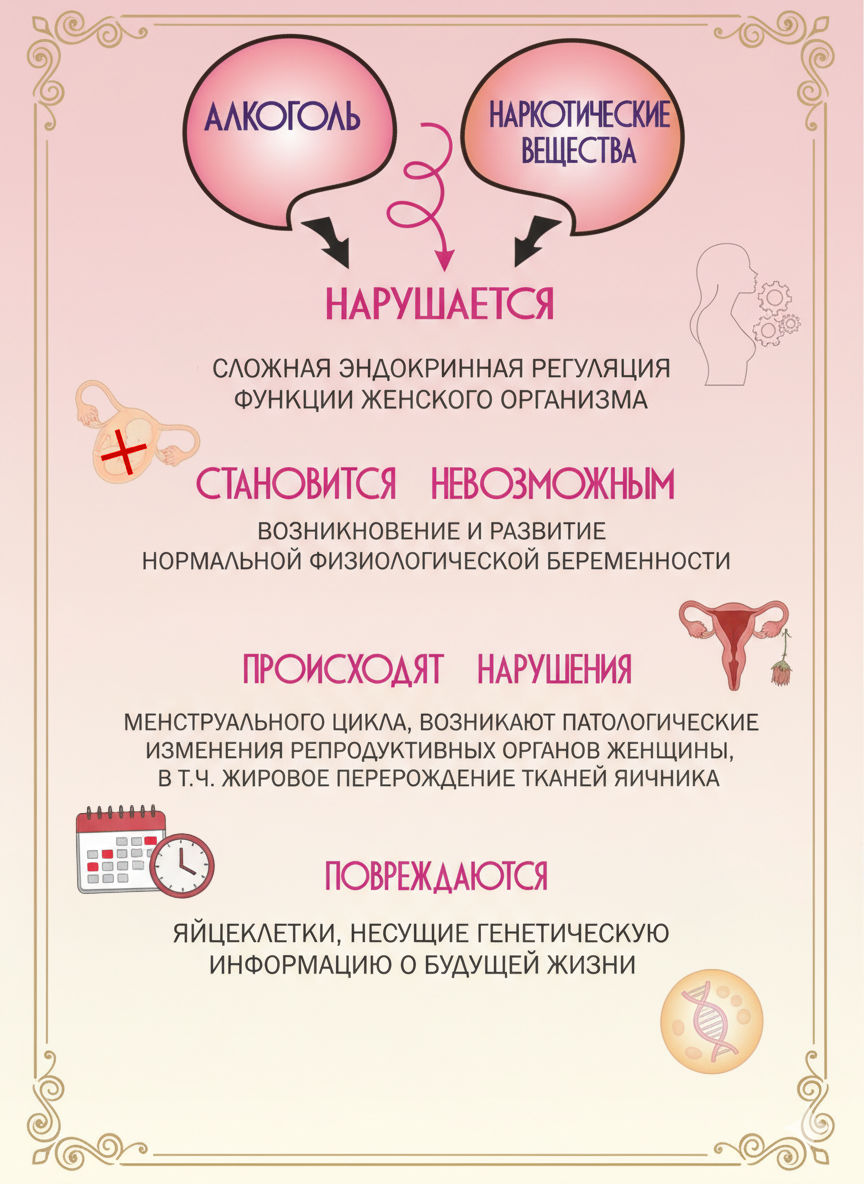 Инфографика о нарушениях репродуктивной системы, менструального цикла и яйцеклеток — реалии и последствия женского алкоголизма.