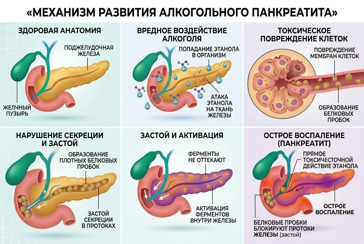 Инфографика с шестью этапами механизма развития алкогольного панкреатита — от здоровой анатомии до острого воспаления