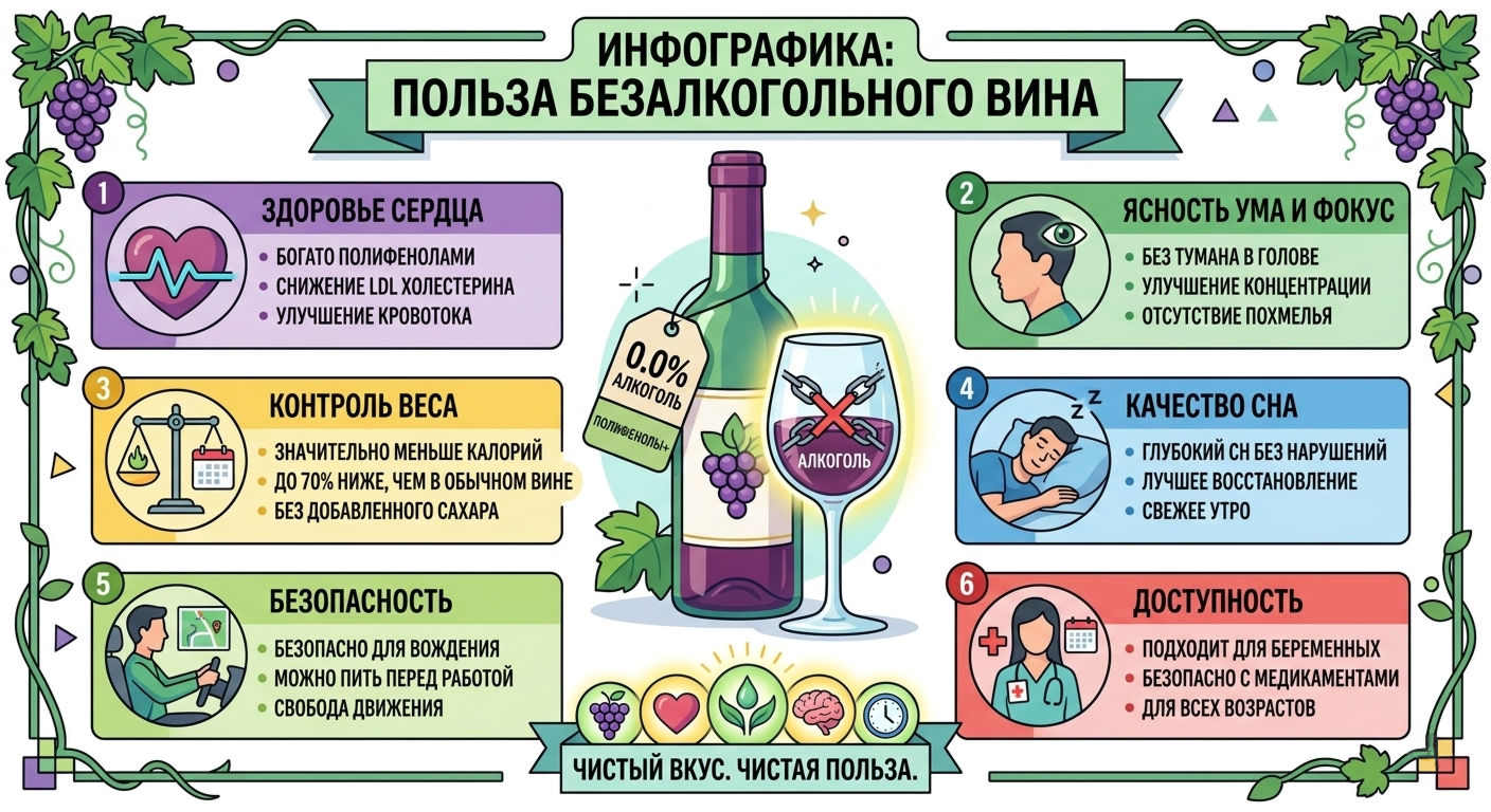 Инфографика о шести преимуществах безалкогольного вина — здоровье сердца, контроль веса, качество сна и доступность