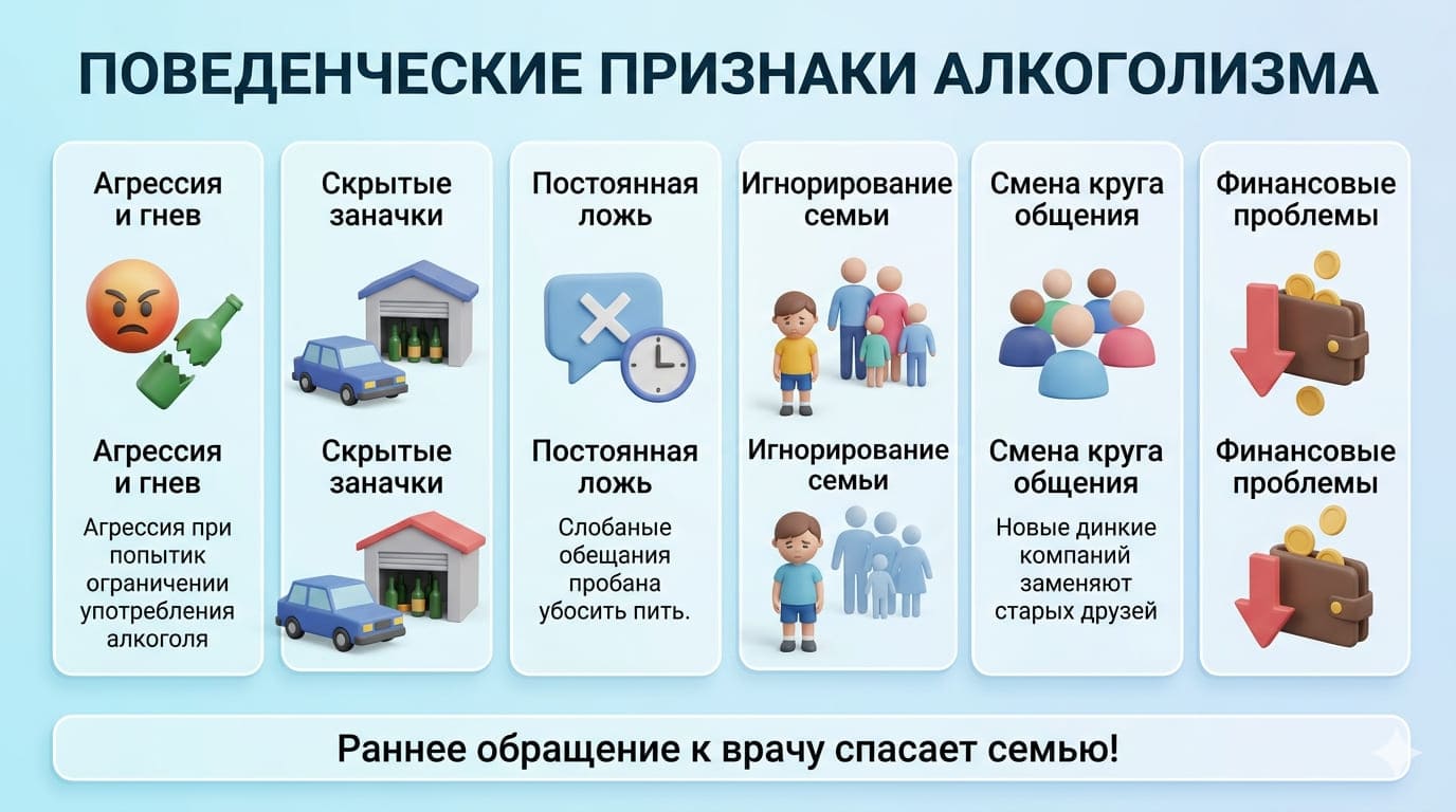 Инфографика поведенческие признаки алкоголизма с шестью основными симптомами