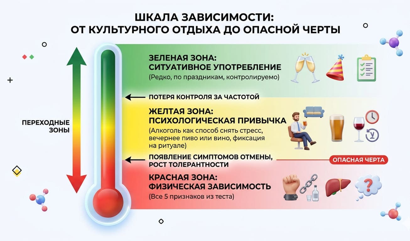 Инфографика шкала зависимости: от культурного отдыха до опасной черты в виде термометра с тремя зонами.