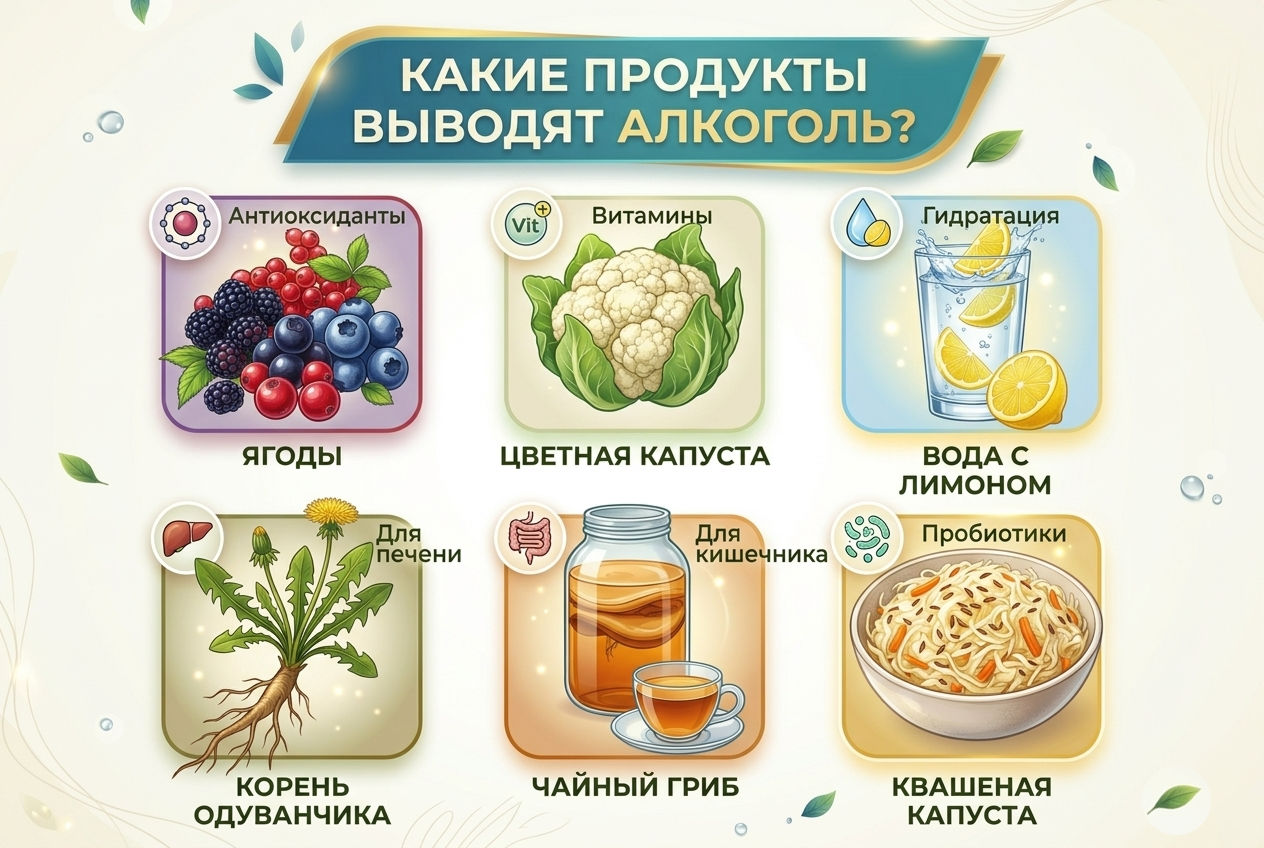 Инфографика с продуктами, выводящими алкоголь из организма: ягоды, капуста, вода с лимоном — можно ли в баню с похмелья.
