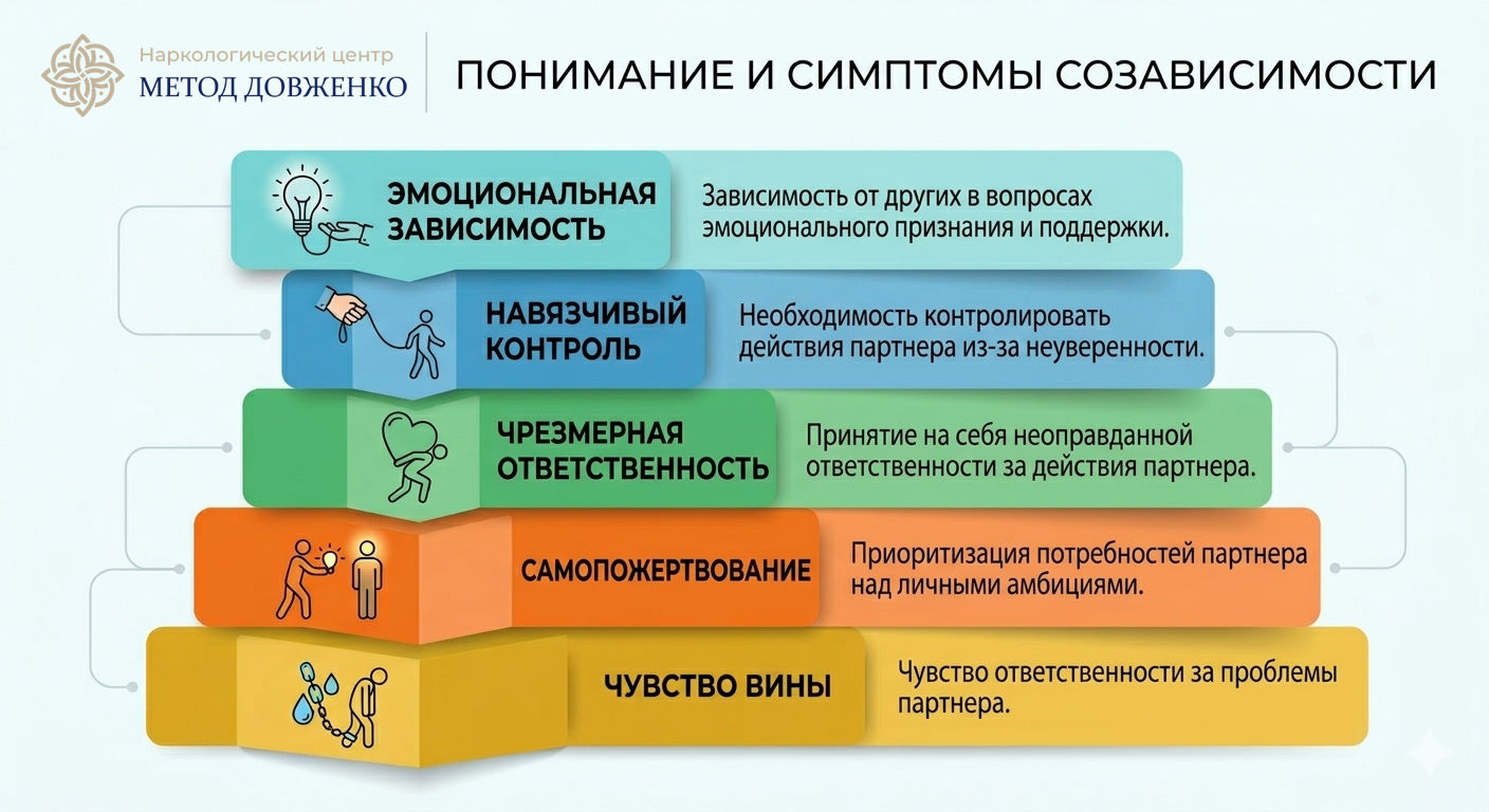 Инфографика с симптомами созависимости: эмоциональная зависимость, контроль, чувство вины — жена алкоголика