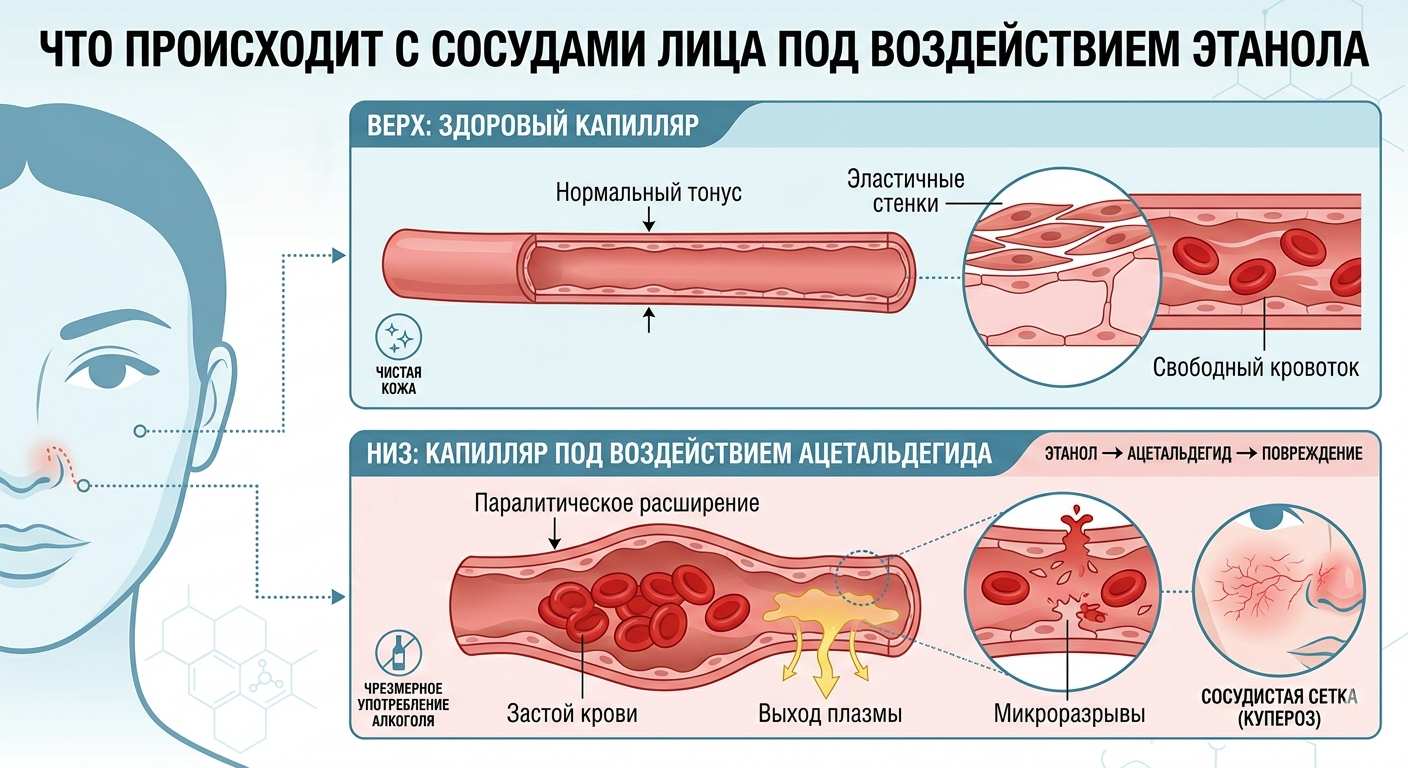Схема поражения капилляров лица ацетальдегидом: расширение стенок, застой крови, сосудистая сетка