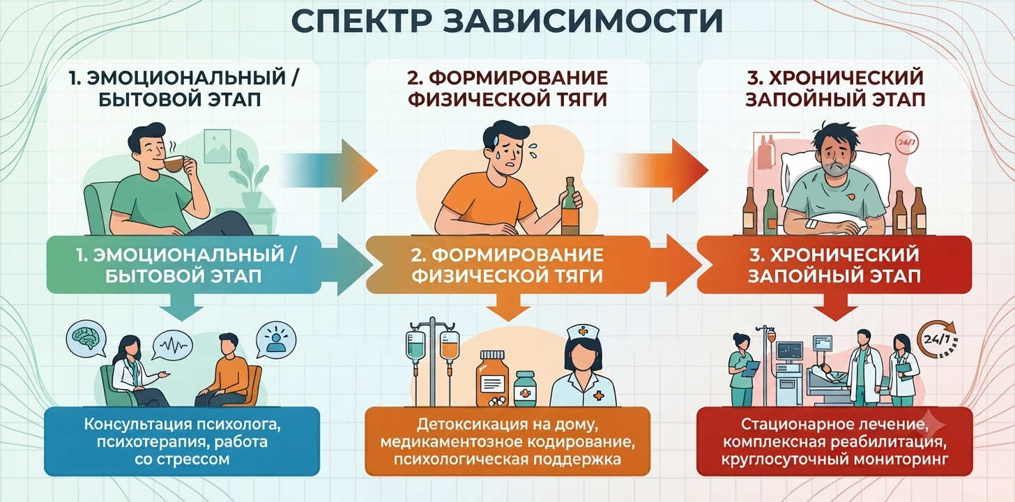 Инфографика «Спектр зависимости» с этапами развития от эмоционального уровня до хронического запойного и методами помощи