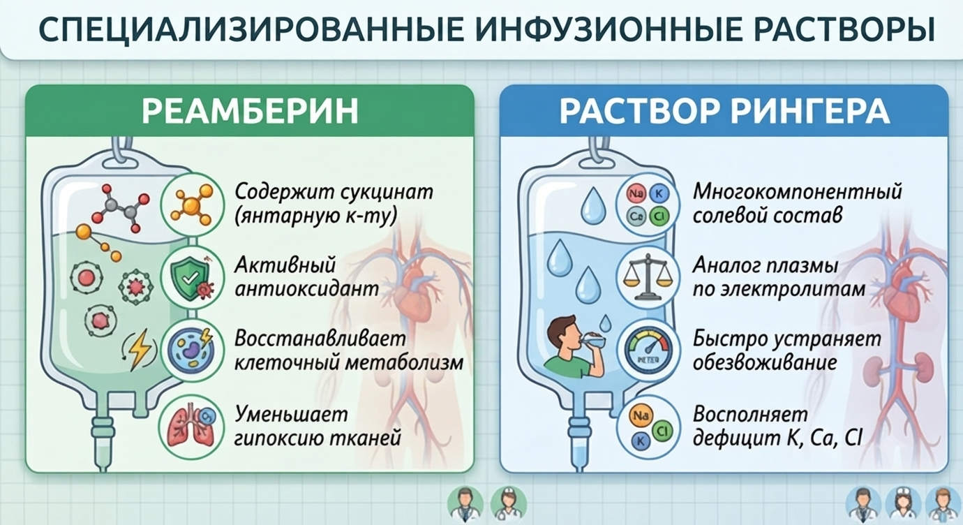 Инфографика «Специализированные инфузионные растворы» с описанием свойств Реамберина и раствора Рингера