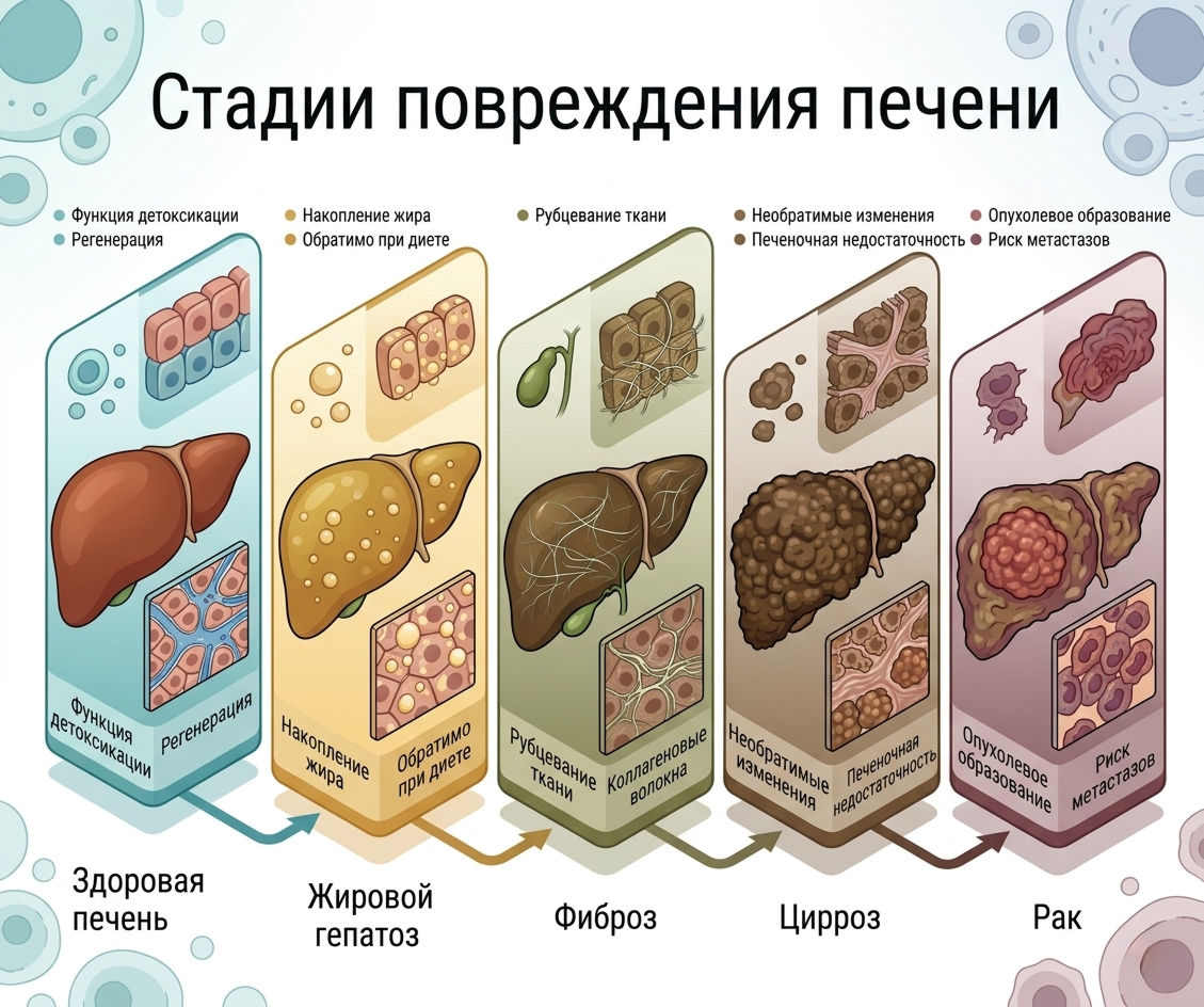 Инфографика стадий повреждения печени: здоровая печень, жировой гепатоз, фиброз, цирроз и рак — алкогольный фиброз печени