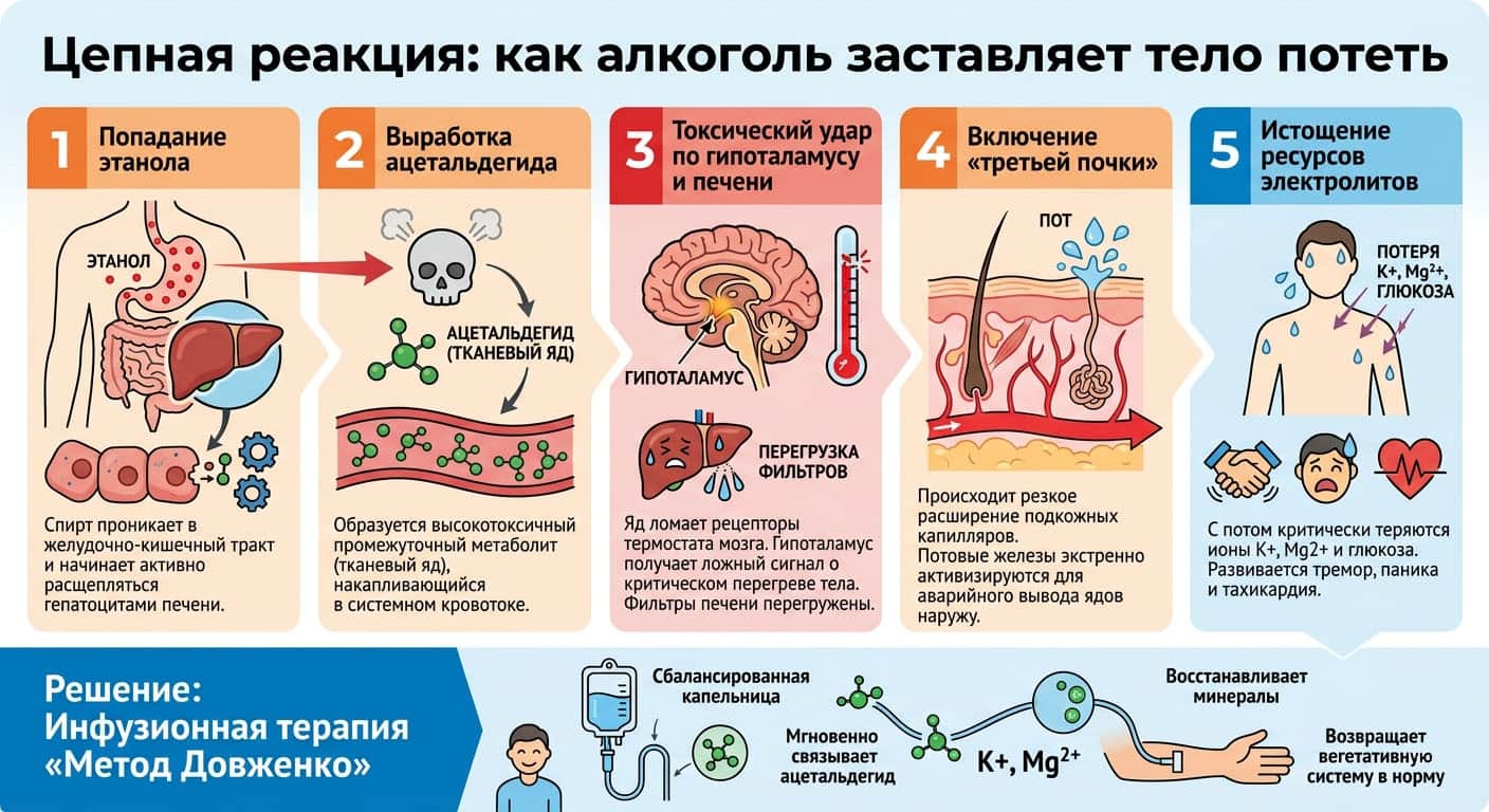Инфографика «Цепная реакция: как алкоголь заставляет тело потеть»