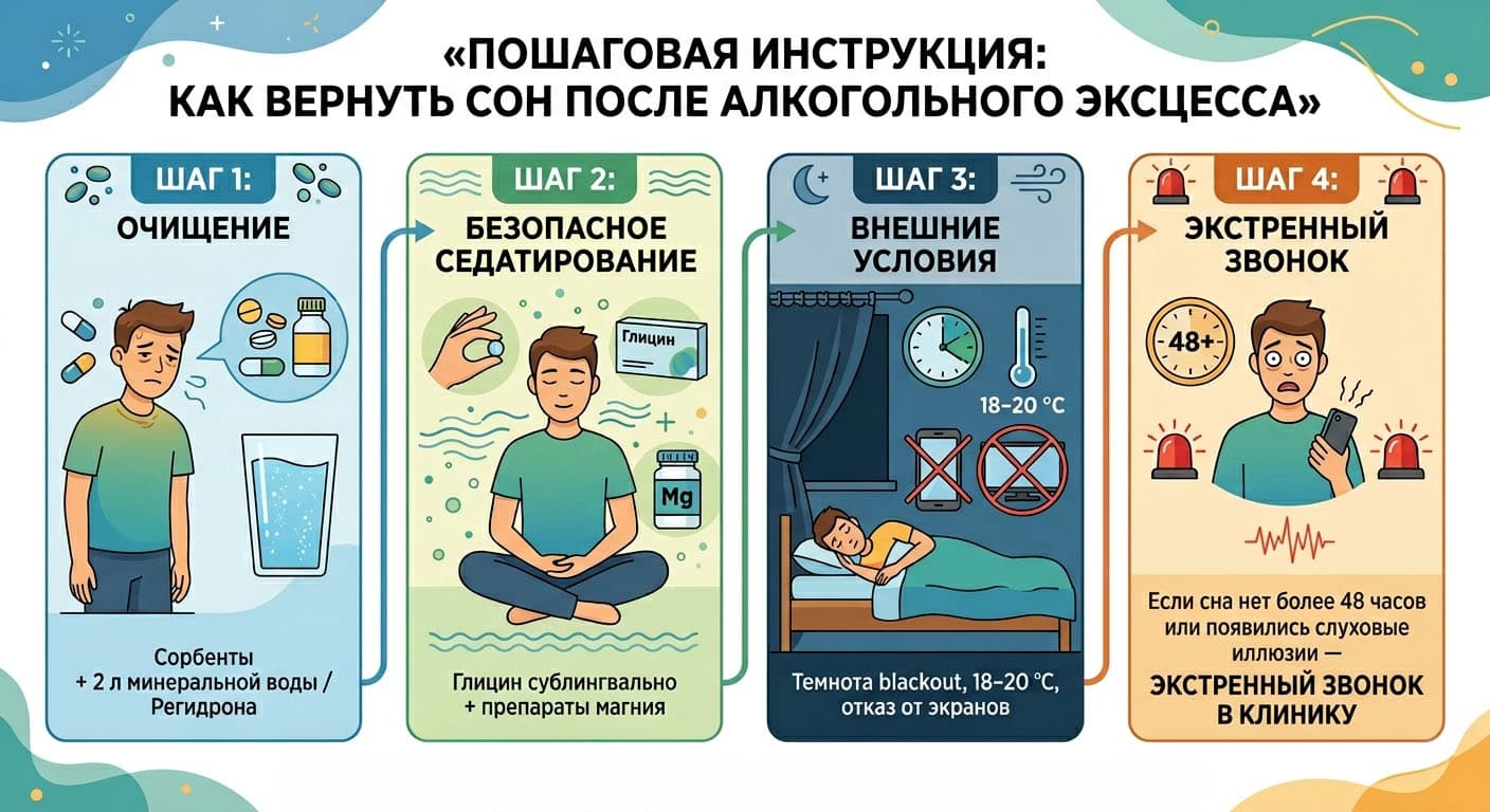 Блок-схема безопасного восстановления сна после запоя: детокс, седация, гигиена сна, вызов врача