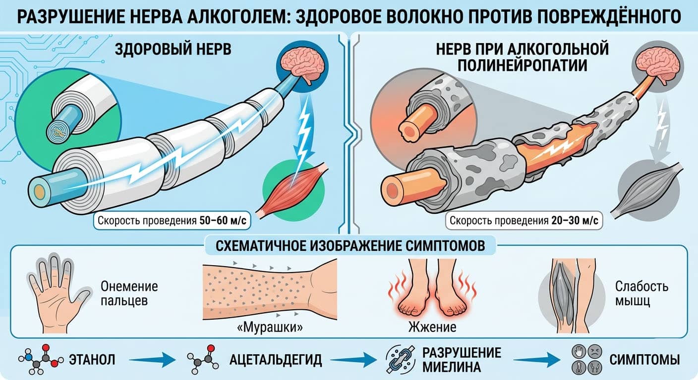 Сравнение здорового нерва и нерва при алкогольной полинейропатии: разрушение миелиновой оболочки этанолом и ацетальдегидом