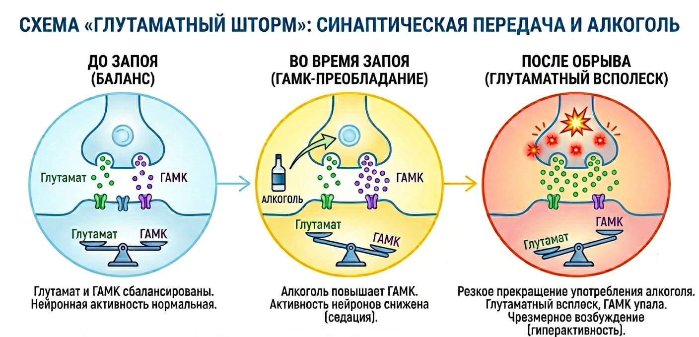 Схема нейробиологического механизма «глутаматного шторма» при отмене алкоголя