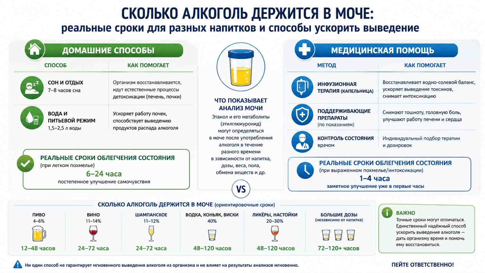 Инфографика о том, сколько алкоголь держится в моче, сравнение домашних способов детоксикации и медицинской помощи с указанием сроков