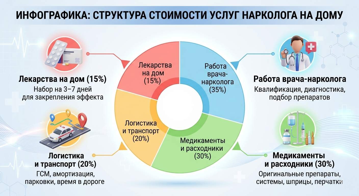 Структура стоимости вызова нарколога на дом: работа врача, препараты, транспорт и лекарства для пациента