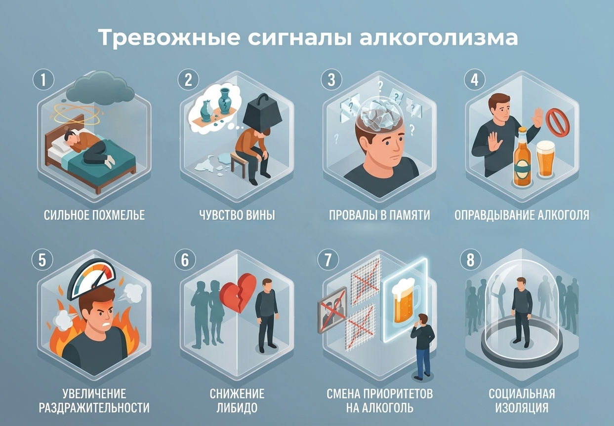 Инфографика с восемью тревожными сигналами алкоголизма как социальной проблемы — похмелье, изоляция, провалы в памяти.