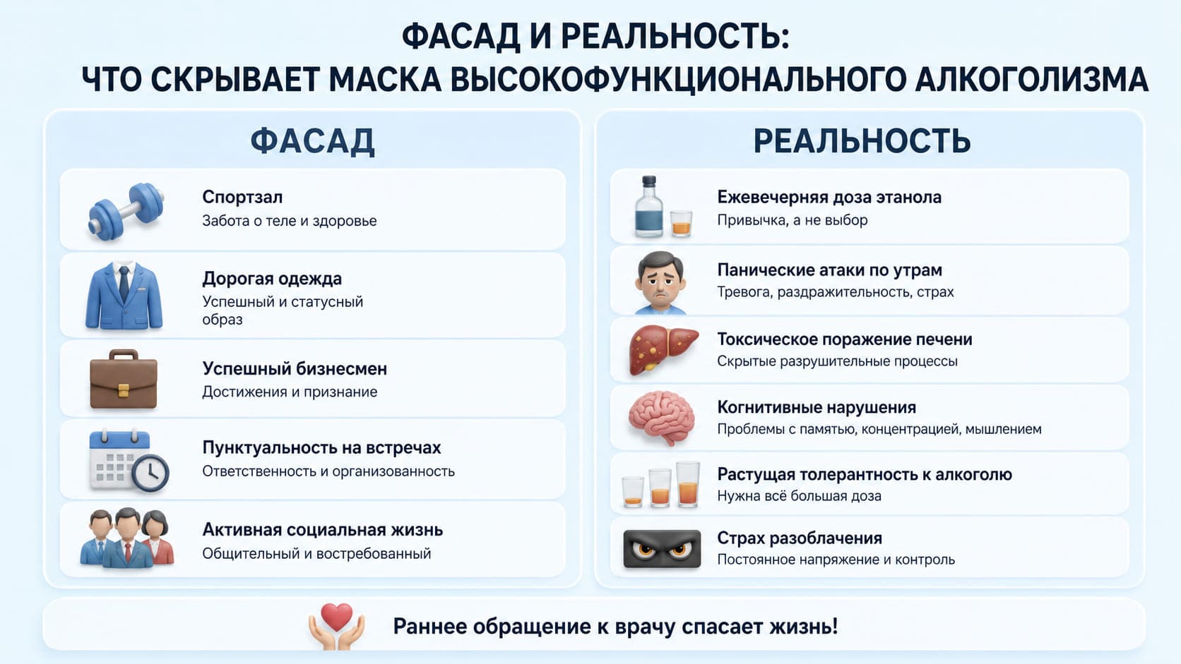 Инфографика фасад и реальность, что скрывает маска высокофункционального алкоголизма